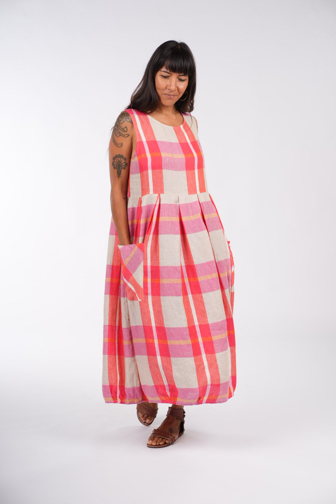 Montaigne Sartene Linen Dress in Orange Check3