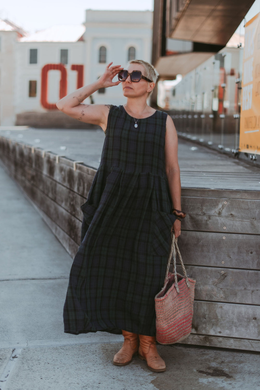 Montaigne Sartene Tartan French Linen Dress Blue