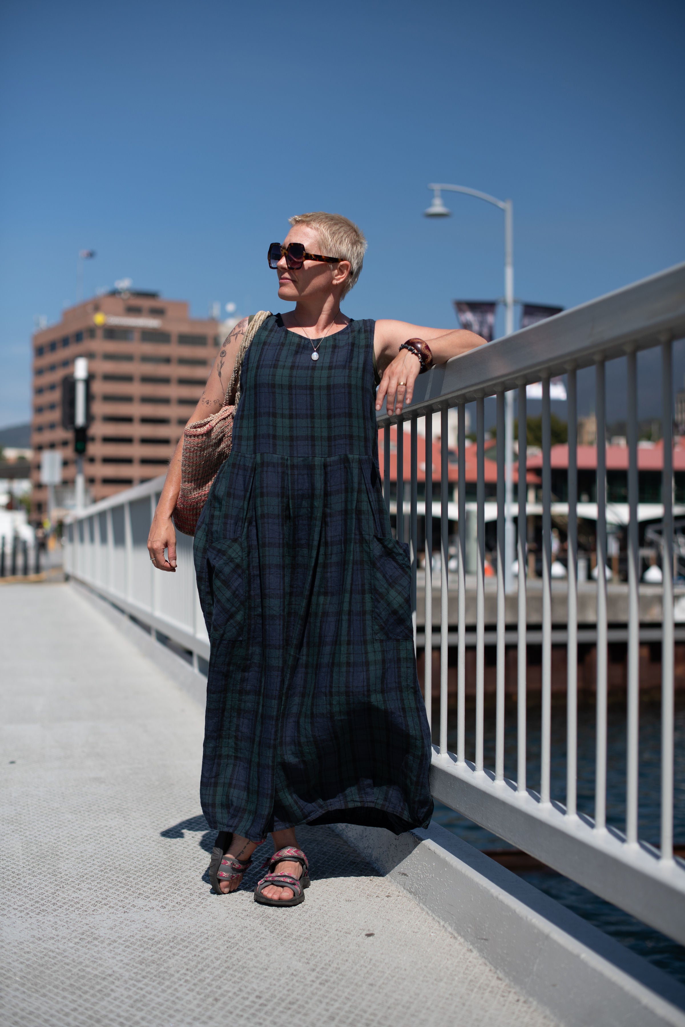 Montaigne Sartene Tartan French Linen Dress Blue1
