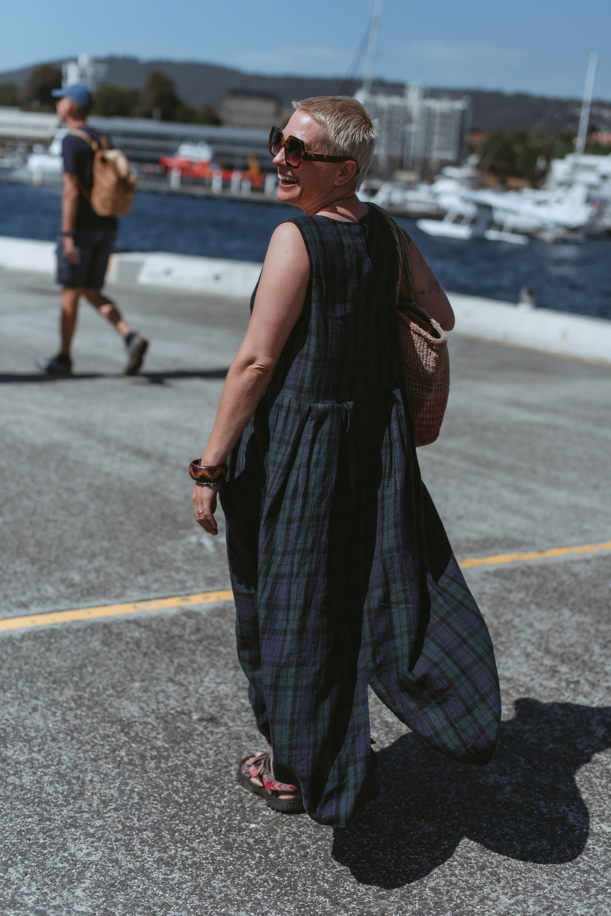Montaigne Sartene Tartan French Linen Dress Blue2