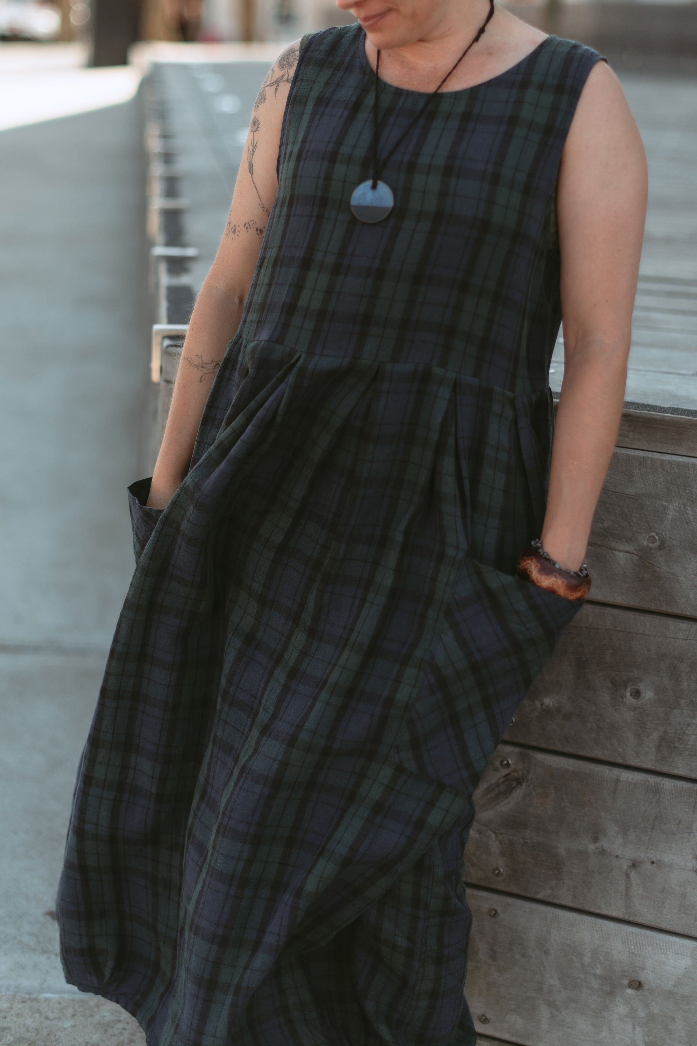 Montaigne Sartene Tartan French Linen Dress Blue3