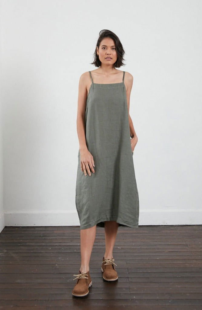 Montaigne Tulipe Linen Slip Dress Khaki