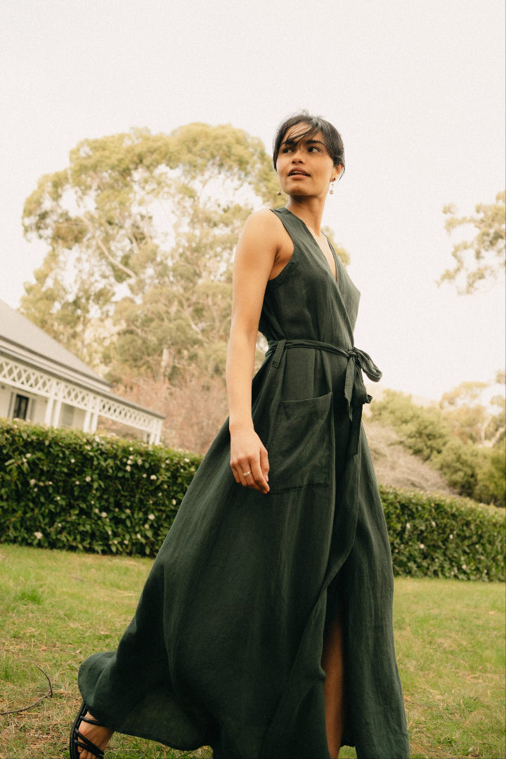Our Montaigne Paris model showcasing our popular Sartene Tartan Linen Sleeveless Dress