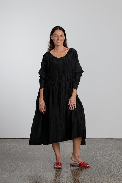 Alexandrine Long Sleeve Silk/Cotton Pleat Dress - Montaigne Paris