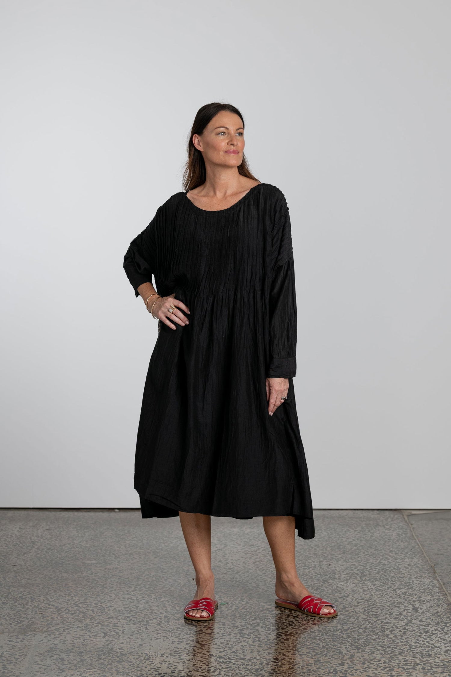 Alexandrine Long Sleeve Silk/Cotton Pleat Dress - Montaigne Paris