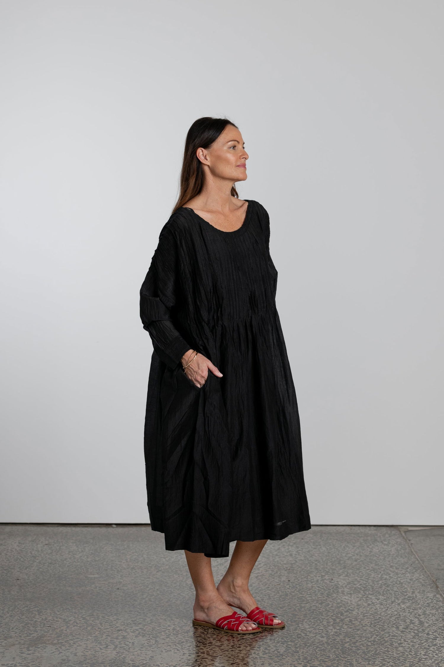 Alexandrine Long Sleeve Silk/Cotton Pleat Dress - Montaigne Paris