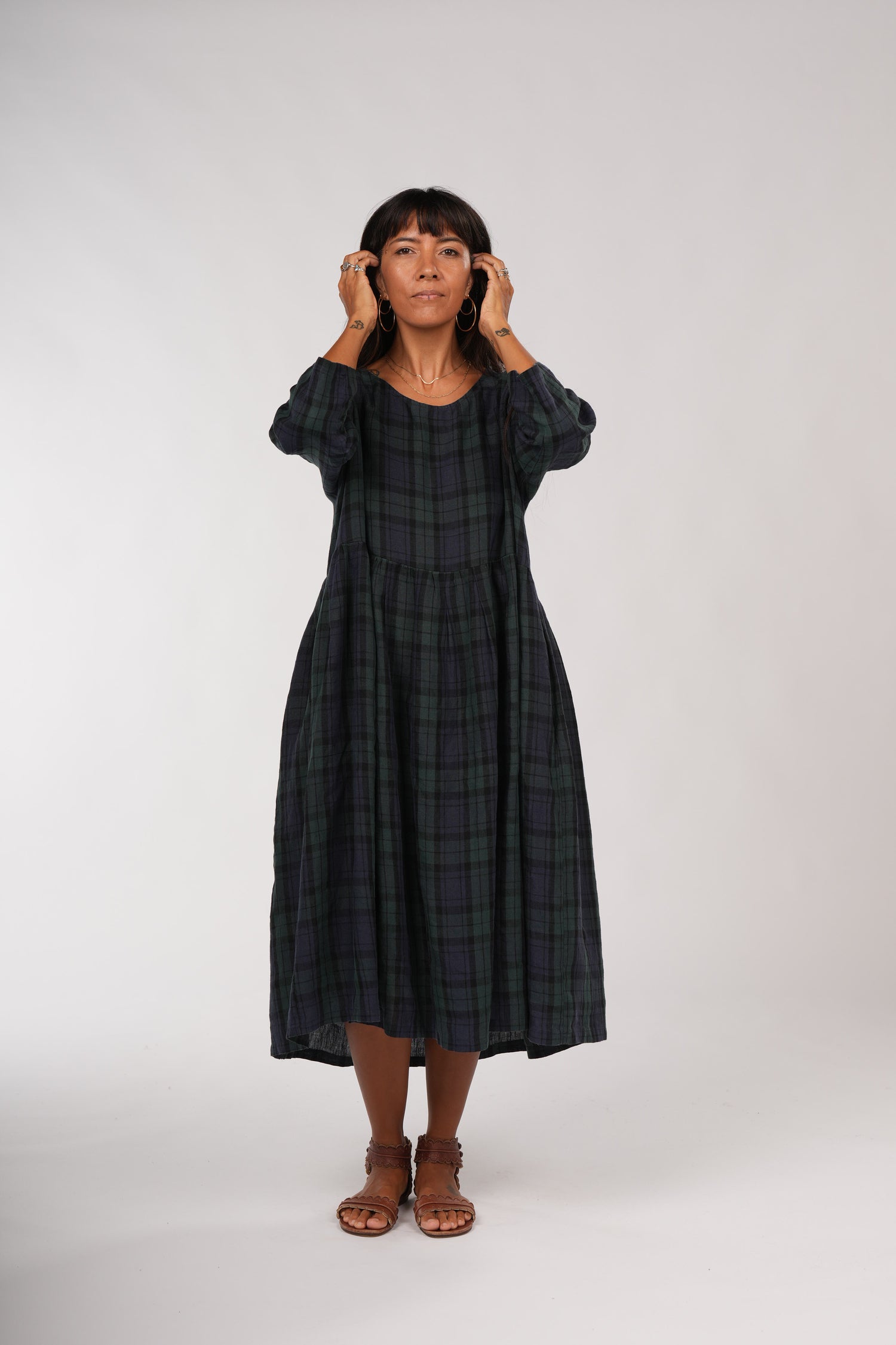 Journee French Linen Dress in Blue Tartan