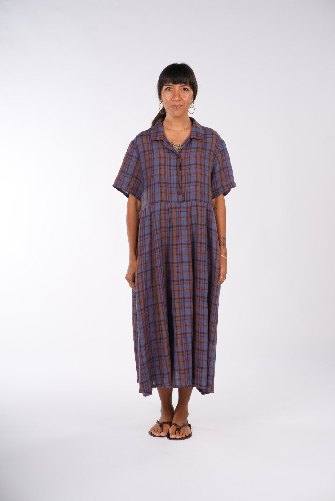 Vianne French Linen Dress in Plaid