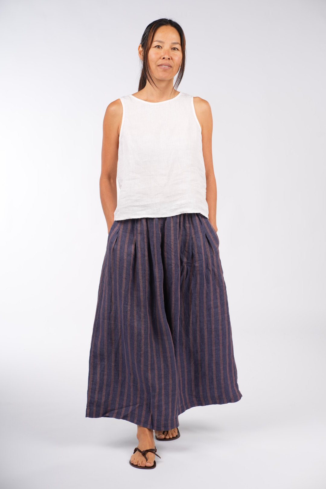 French Linen Gathered Stripe Pants