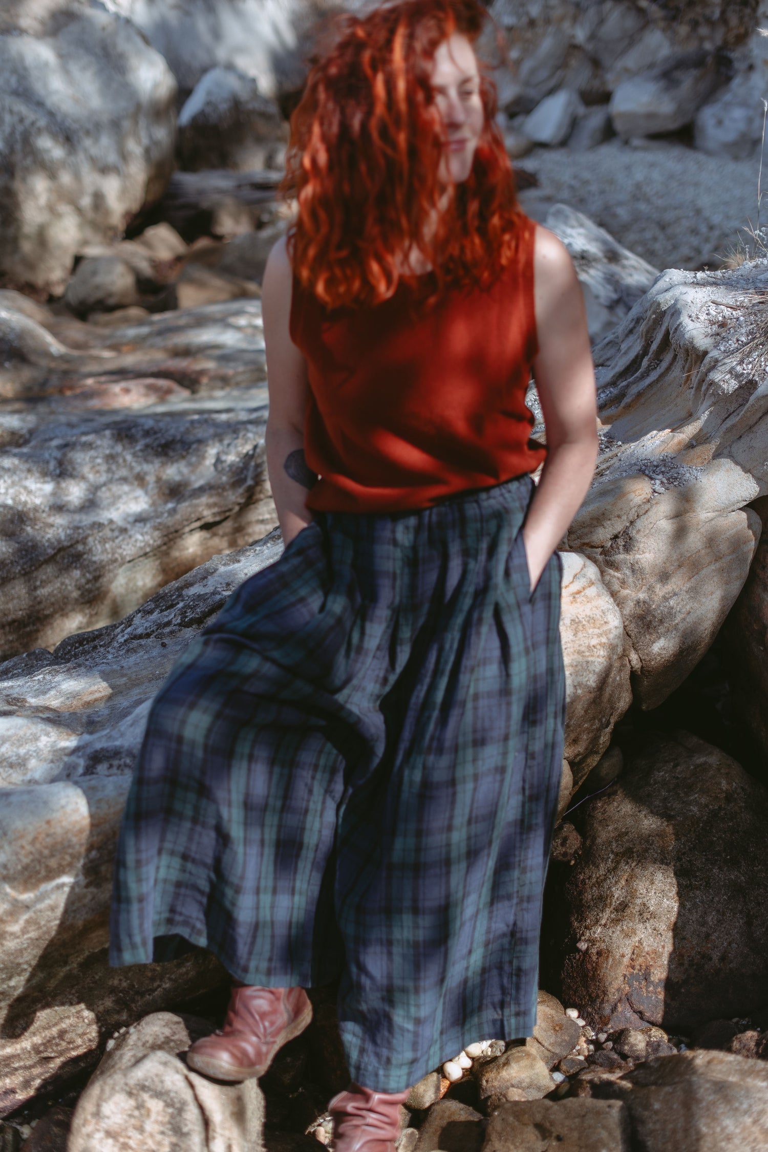 Freya French Linen Pants in Blue Tartan