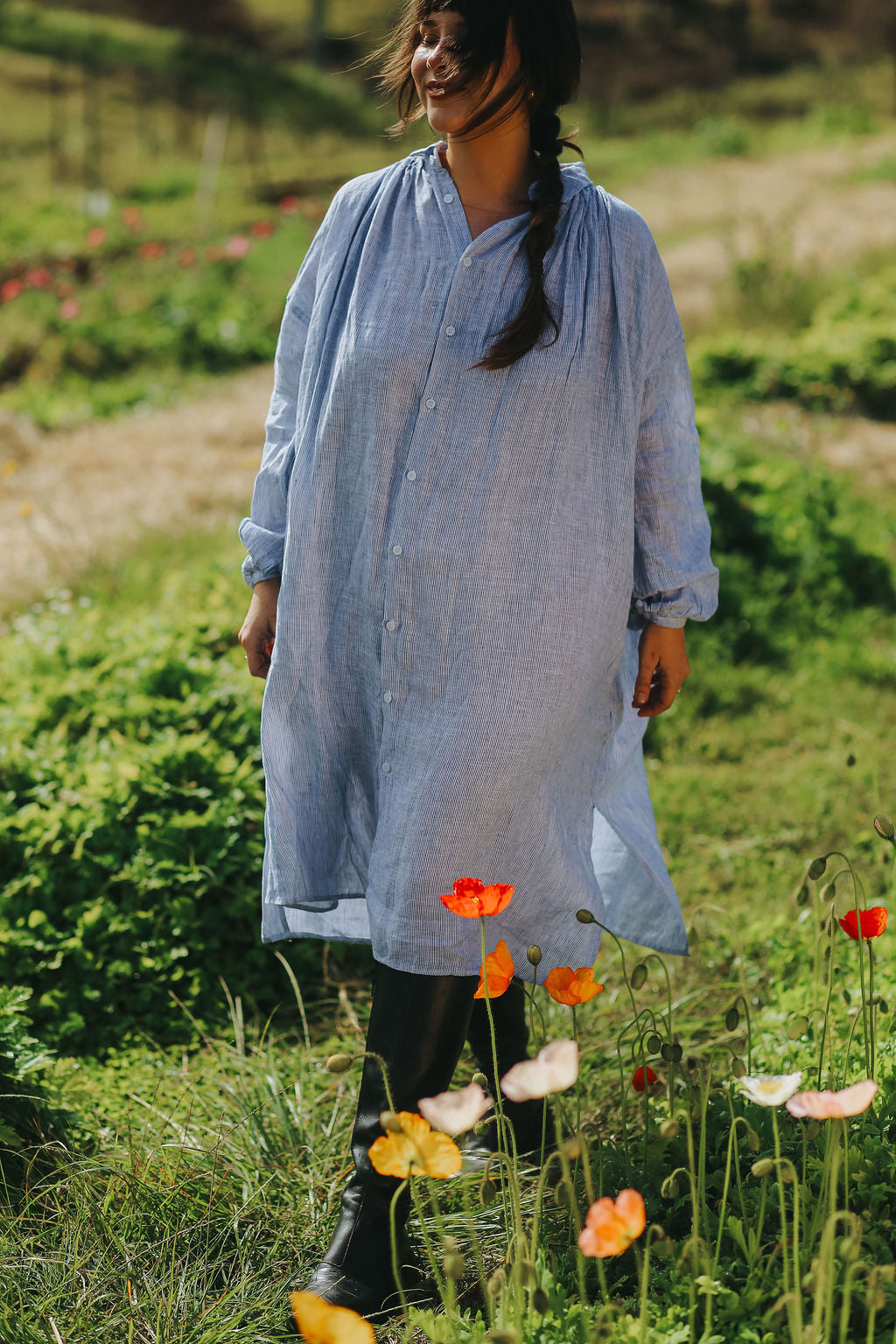 Valentina Fine Stripe Linen Dress in Blue