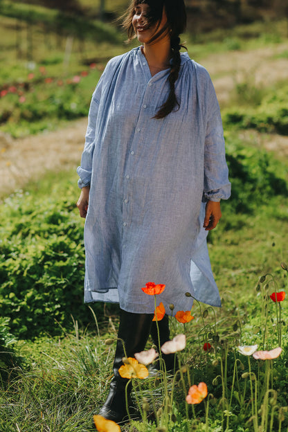 Valentina Fine Stripe Linen Dress in Blue