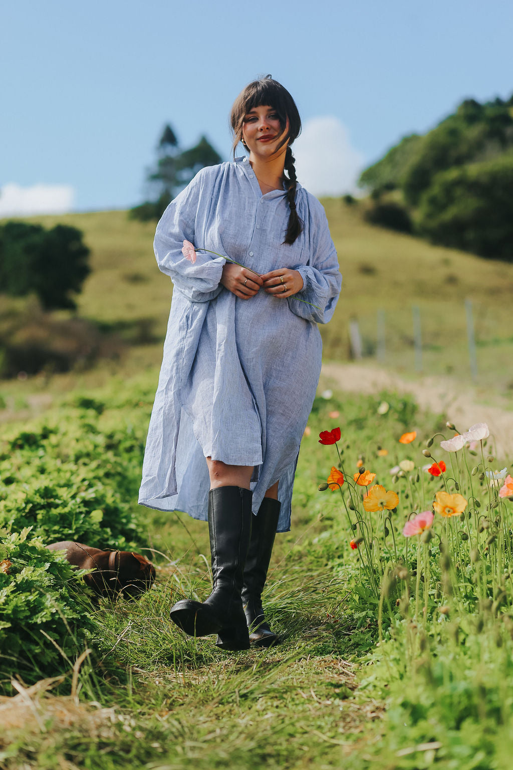 Valentina Fine Stripe Linen Dress in Blue