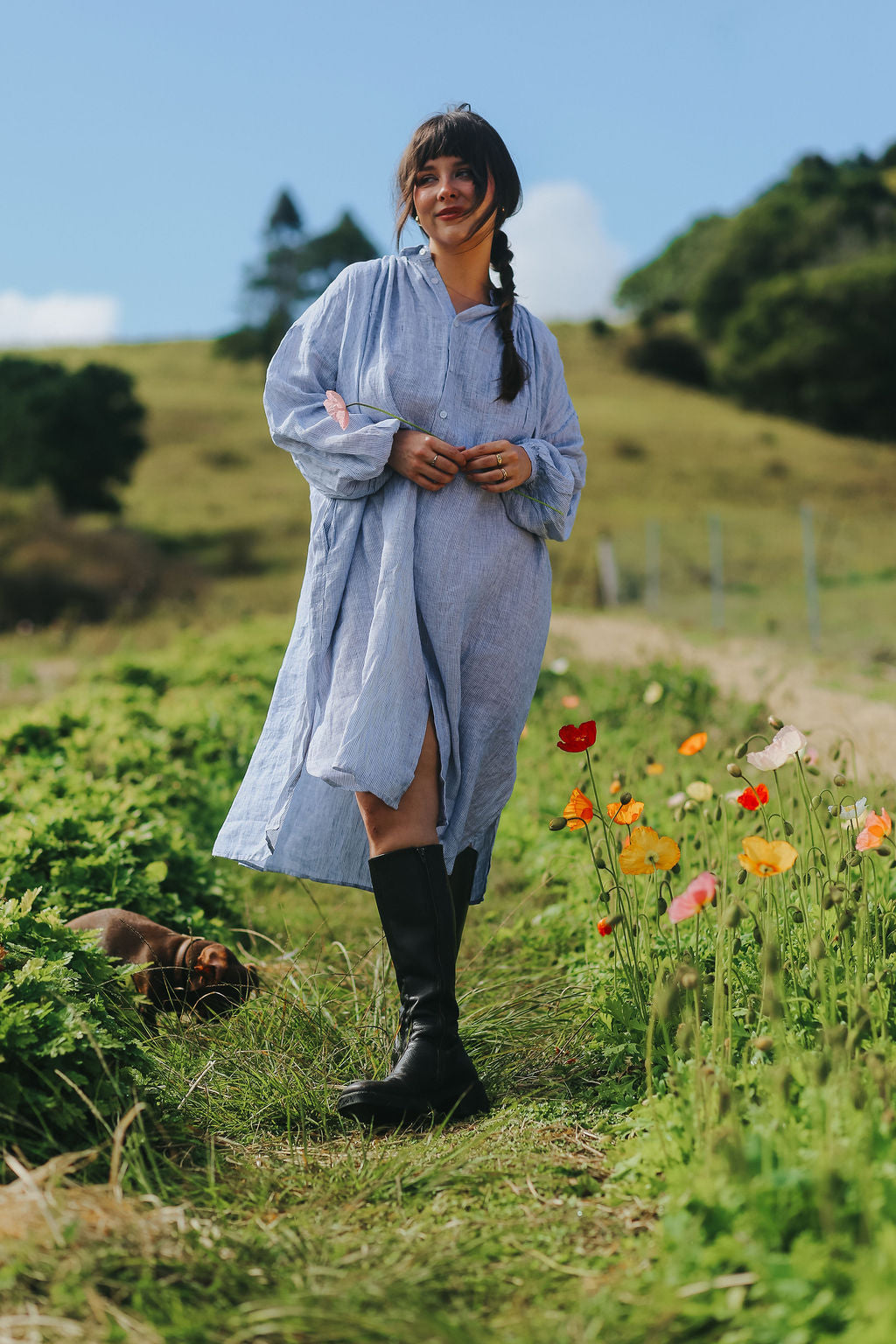 Valentina Fine Stripe Linen Dress in Blue