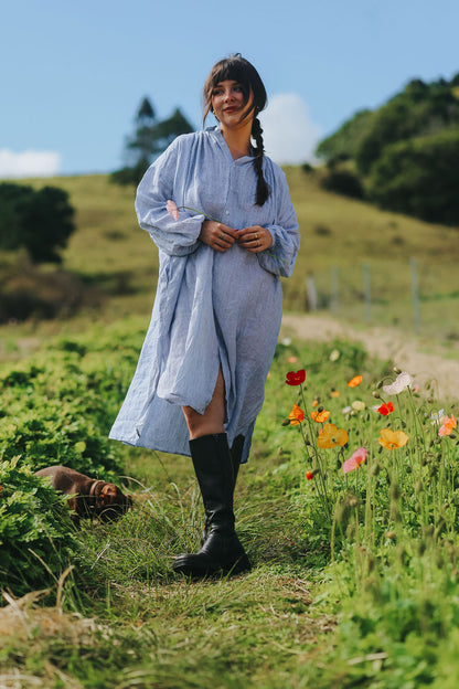 Valentina Fine Stripe Linen Dress in Blue