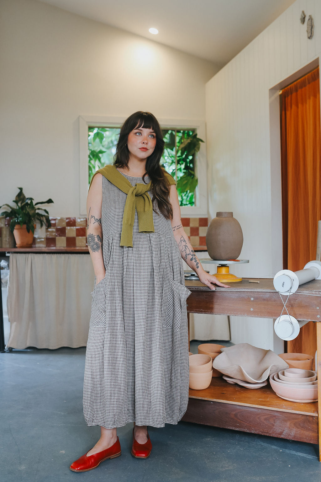 Sartene French Linen Dress in Tiny Brown Gingham