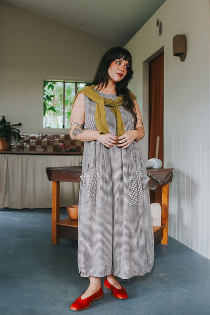 Sartene French Linen Dress in Tiny Brown Gingham