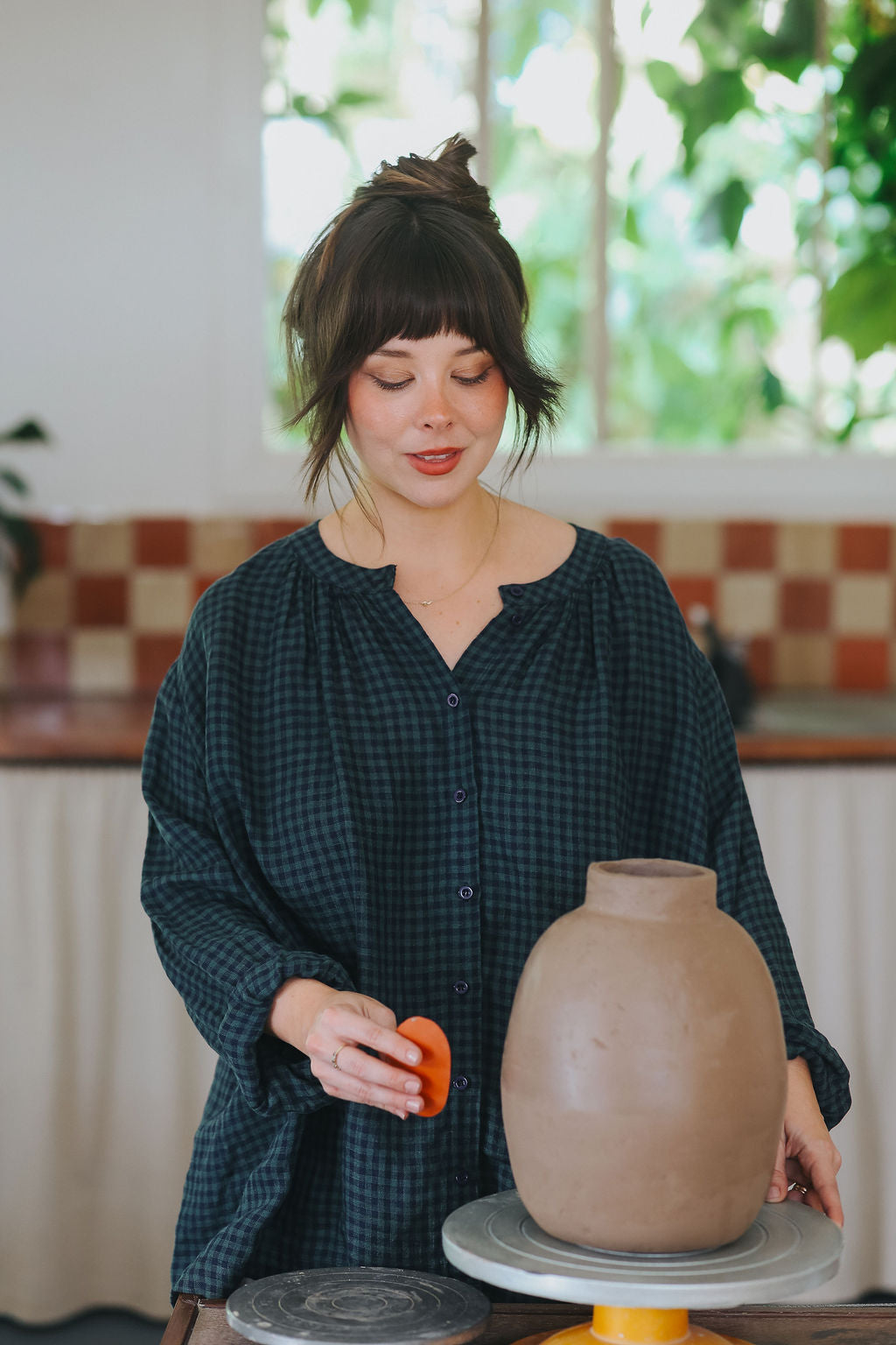 Carmen Button Through Long Sleeve Top in Tiny Blue Check
