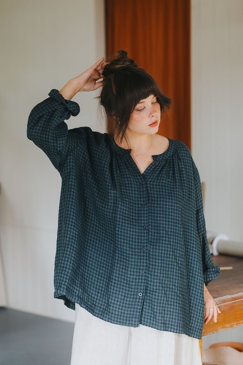 Carmen Button Through Long Sleeve Top in Tiny Blue Check