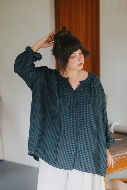 Carmen Button Through Long Sleeve Top in Tiny Blue Check