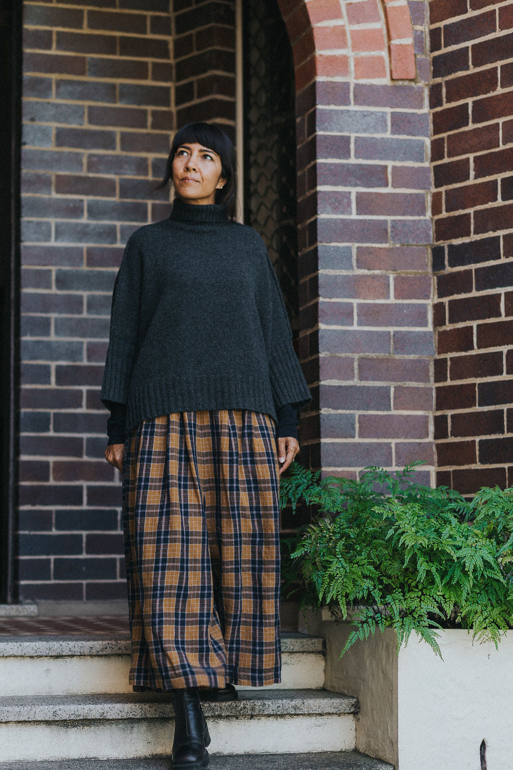 French Linen Culottes in Blue Tweed Check