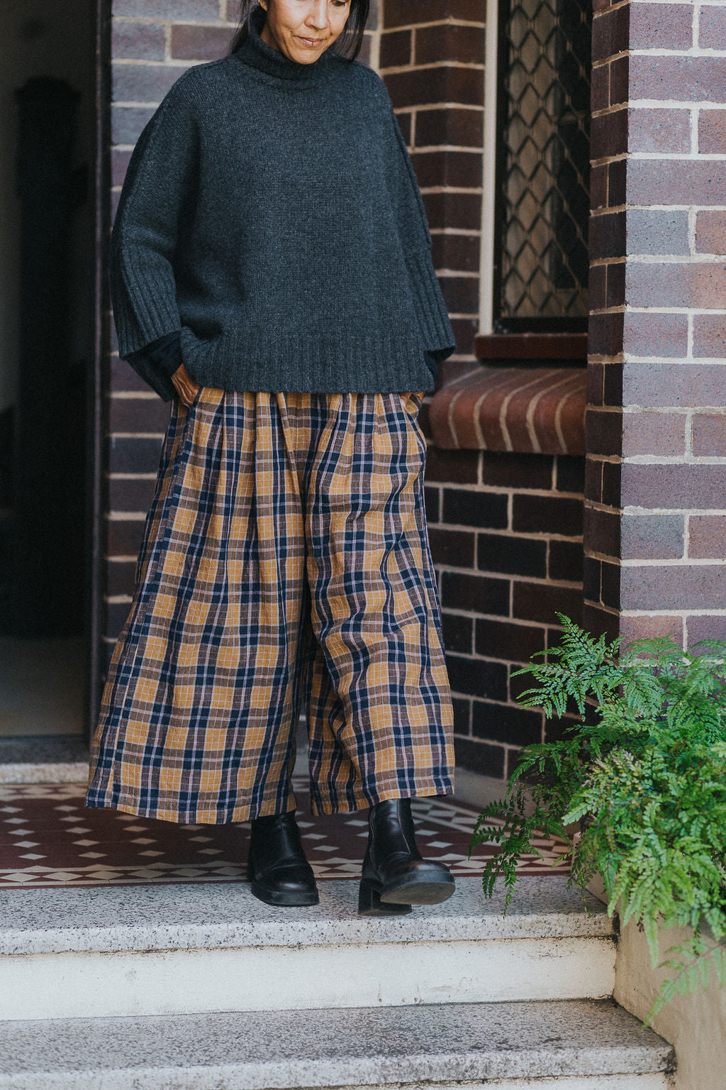 French Linen Culottes in Blue Tweed Check