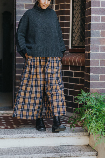 French Linen Culottes in Blue Tweed Check
