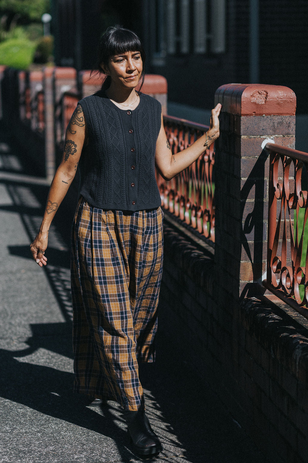 French Linen Culottes in Blue Tweed Check