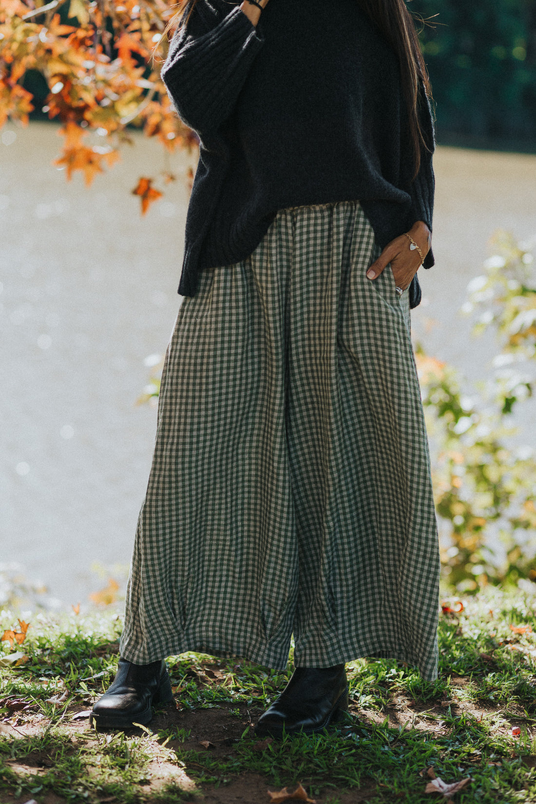 Women’s Eadie Gingham Linen Pants – 100% French Linen Relaxed Fit