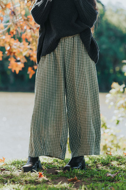 Women’s Eadie Gingham Linen Pants – 100% French Linen Relaxed Fit