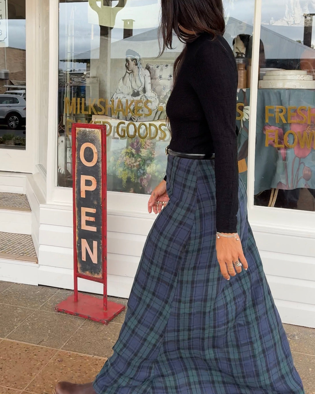Francie French Linen Maxi Skirt in Blue Tartan