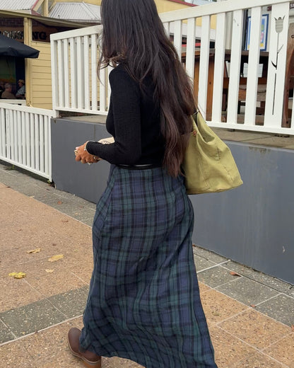 Francie French Linen Maxi Skirt in Blue Tartan