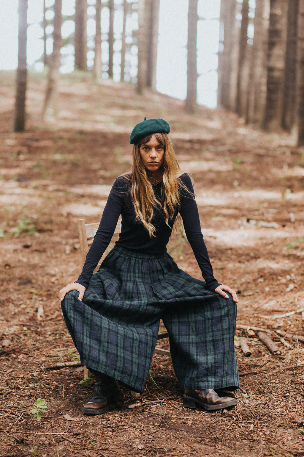 Freya French Linen Pants in Blue Tartan