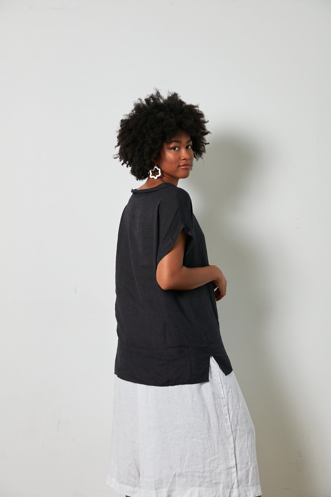 European Linen Short Sleeve Top with Semi Cowl Neck