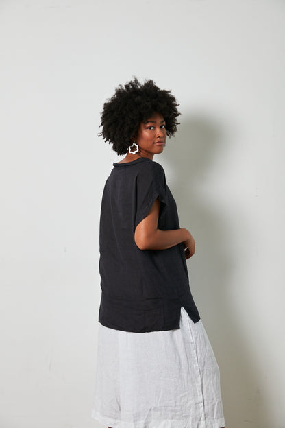 European Linen Short Sleeve Top with Semi Cowl Neck