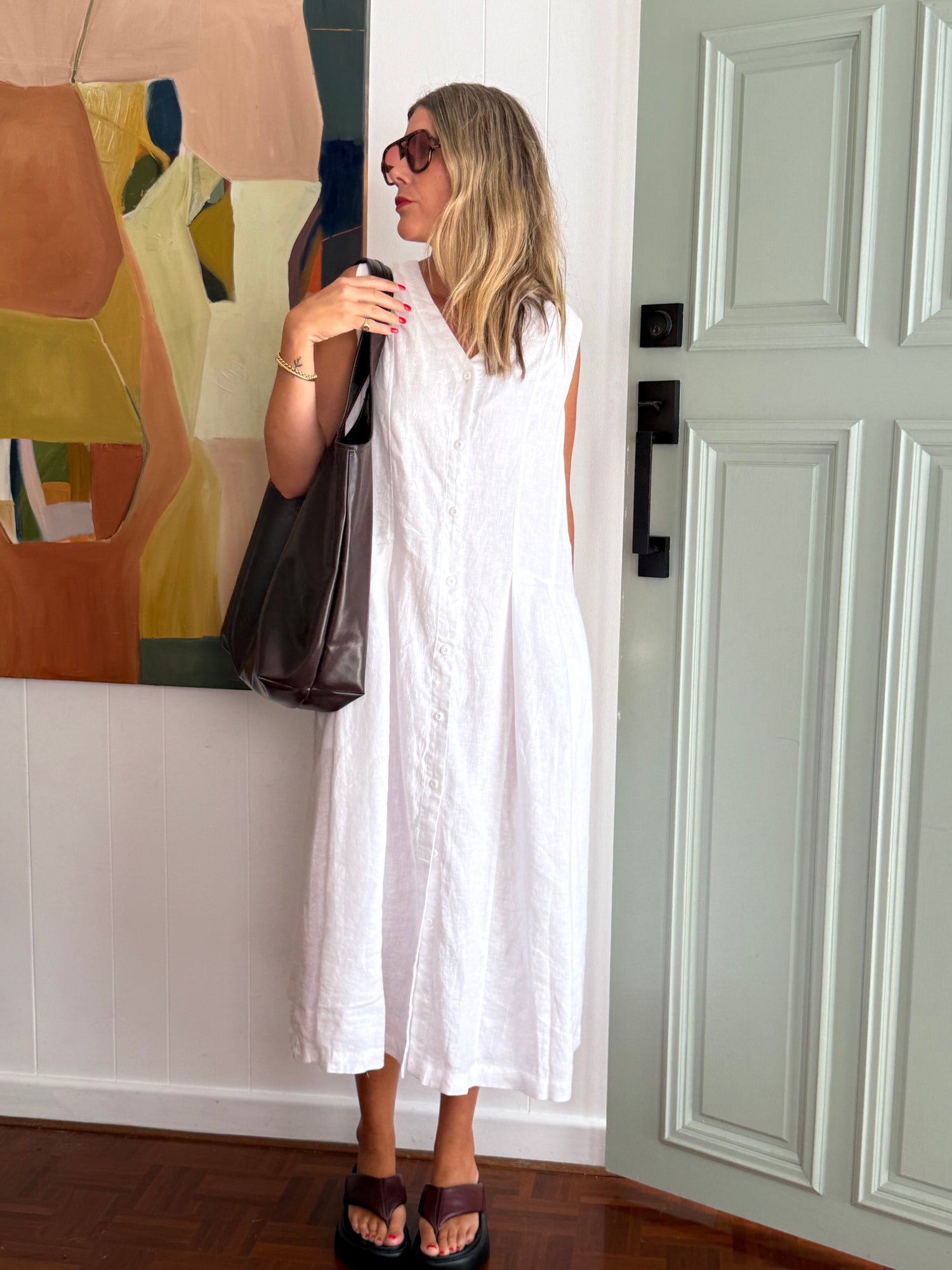 Sorrento Button-Through French Linen V-Neck Dress