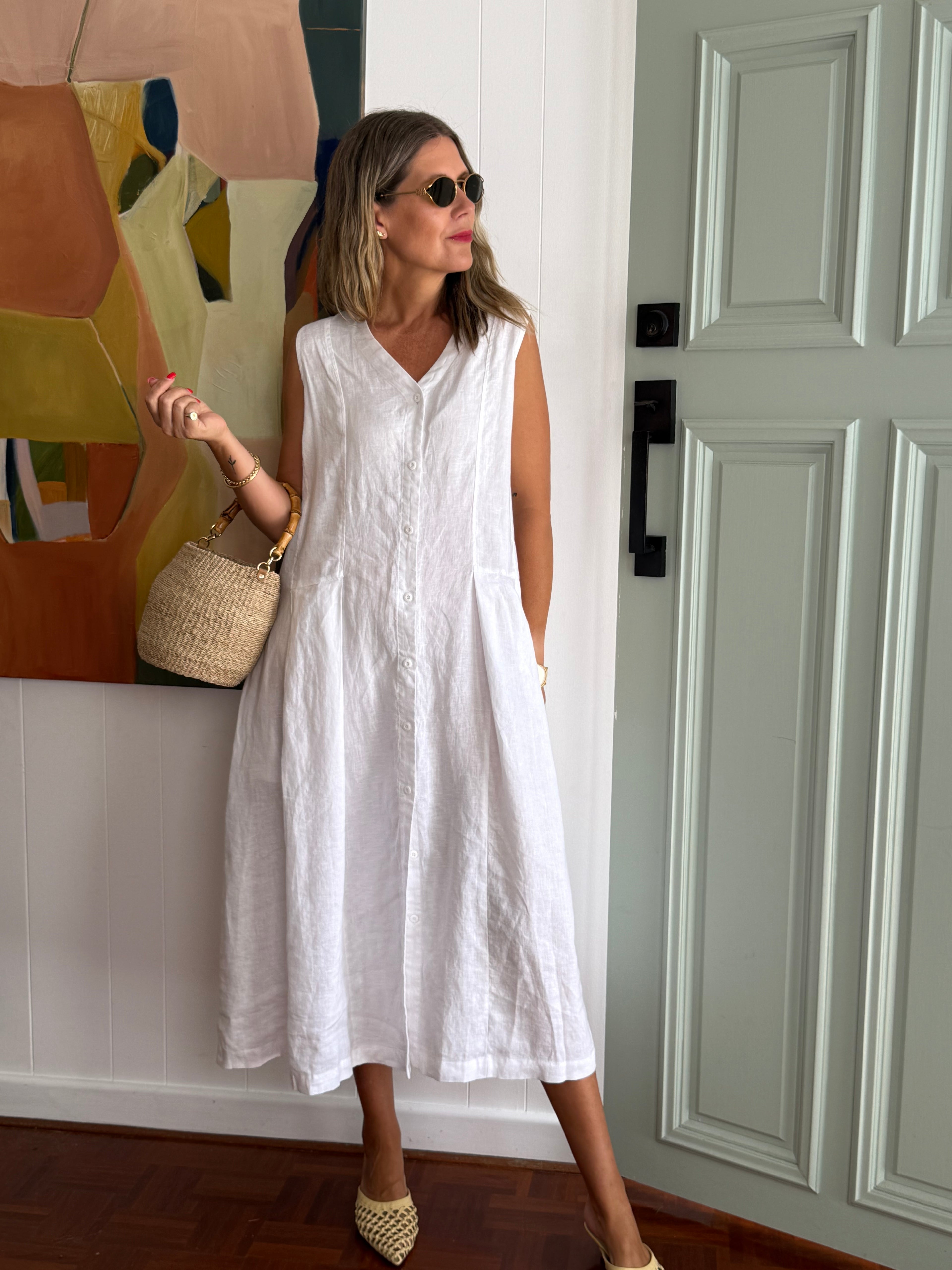 Sorrento Button-Through French Linen V-Neck Dress