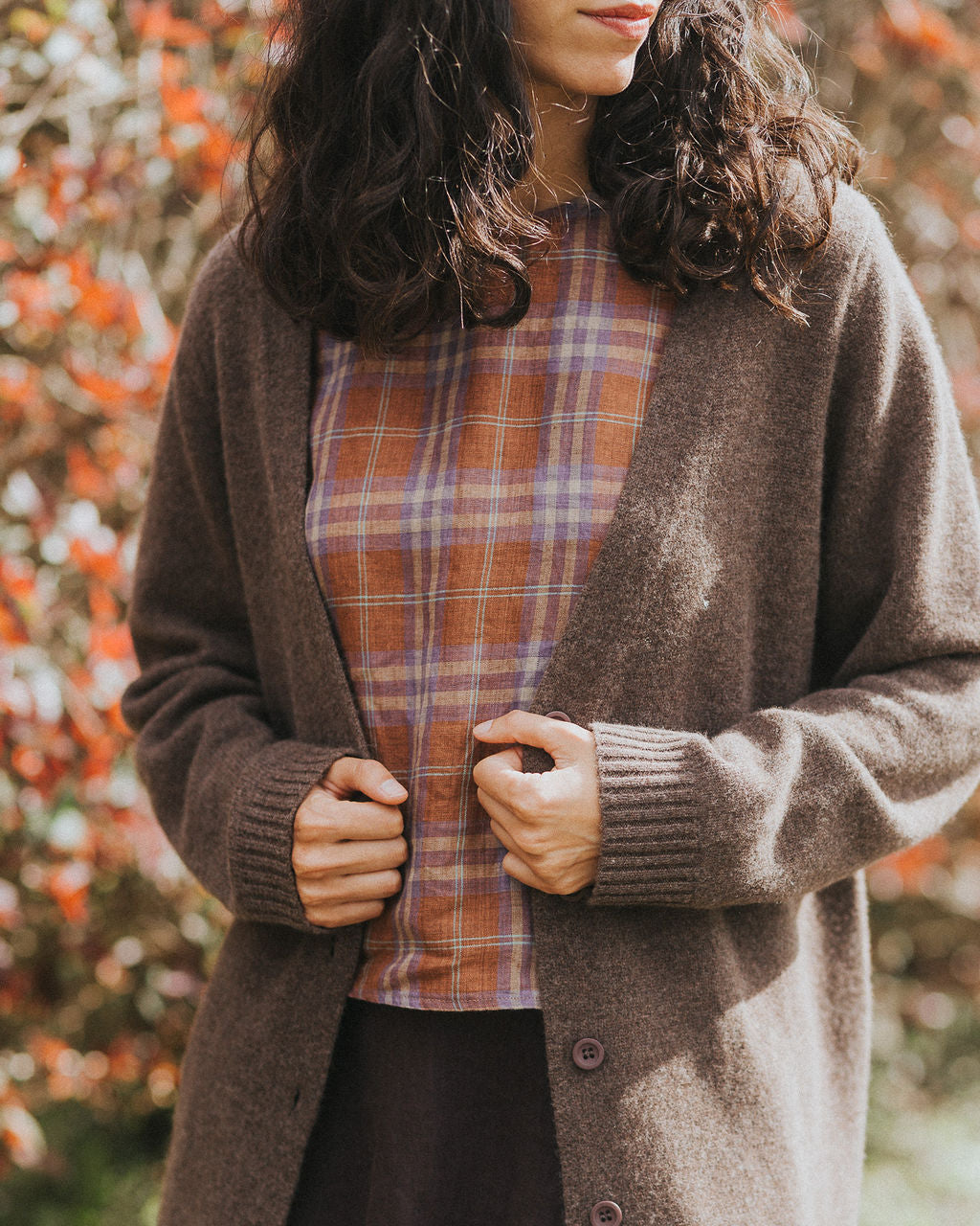 Ava French Linen Cami Top in Brown Plaid