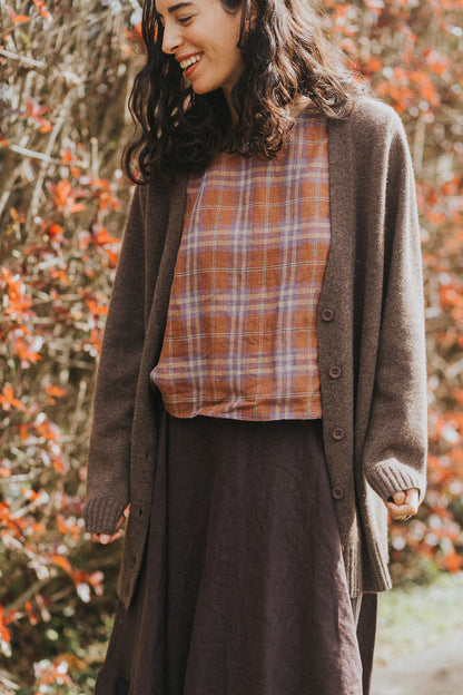 Ava French Linen Cami Top in Brown Plaid