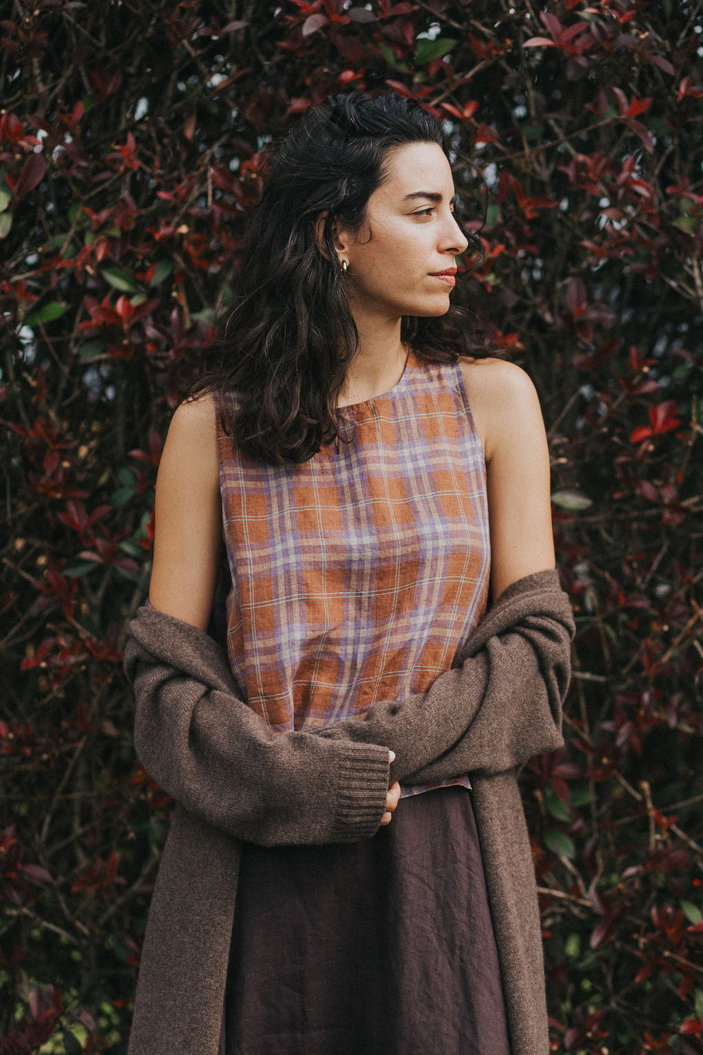 Ava French Linen Cami Top in Brown Plaid