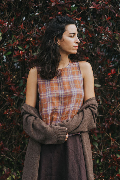 Ava French Linen Cami Top in Brown Plaid
