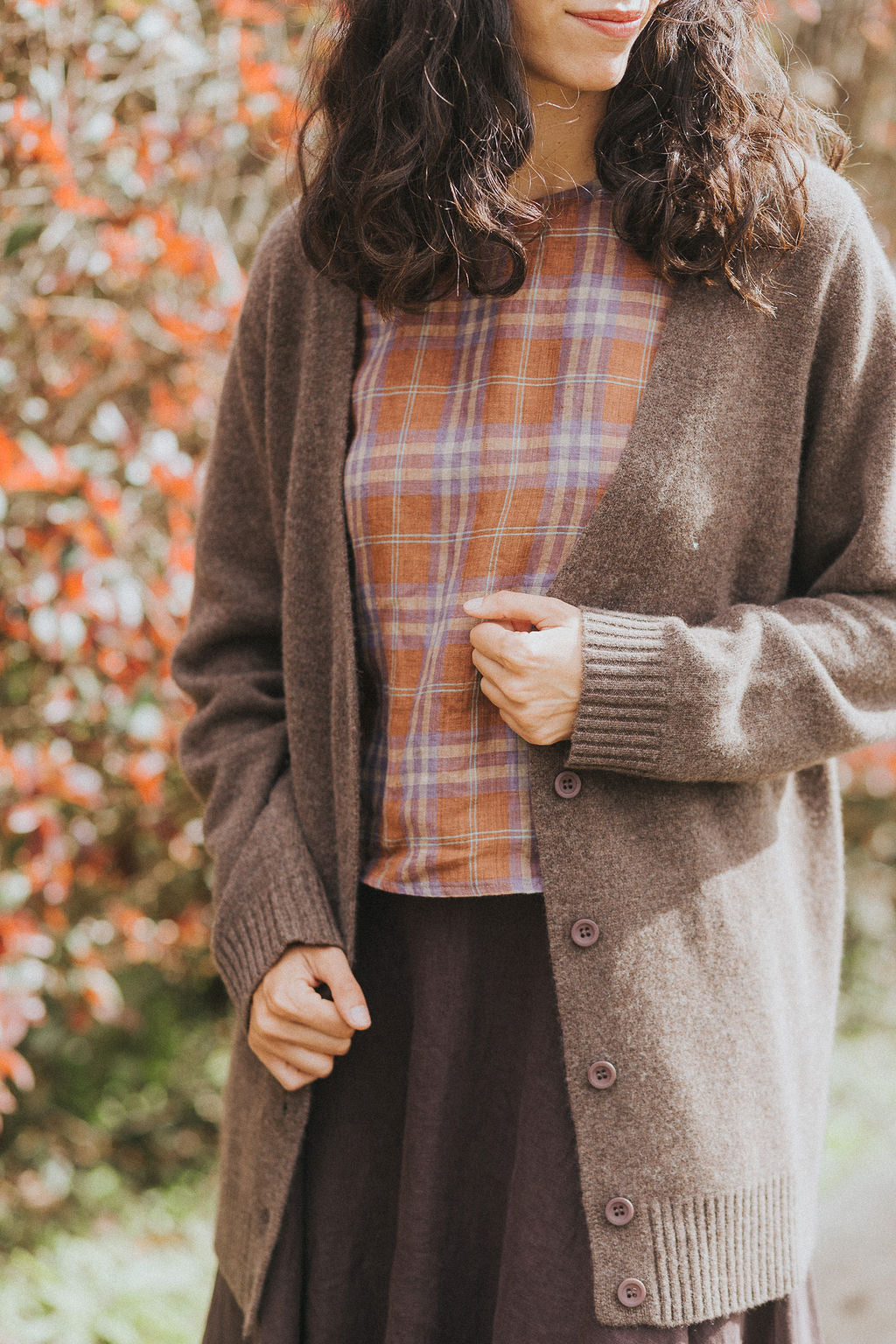 Ava French Linen Cami Top in Brown Plaid