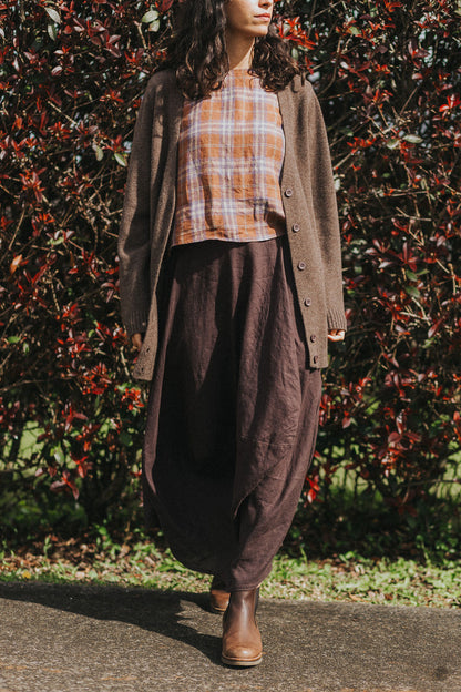 Ava French Linen Cami Top in Brown Plaid