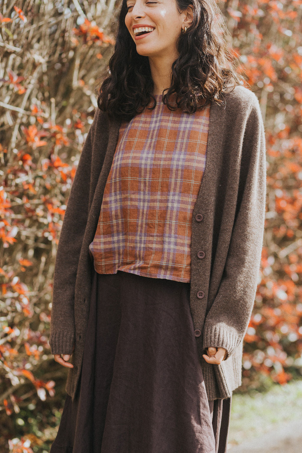 Ava French Linen Cami Top in Brown Plaid