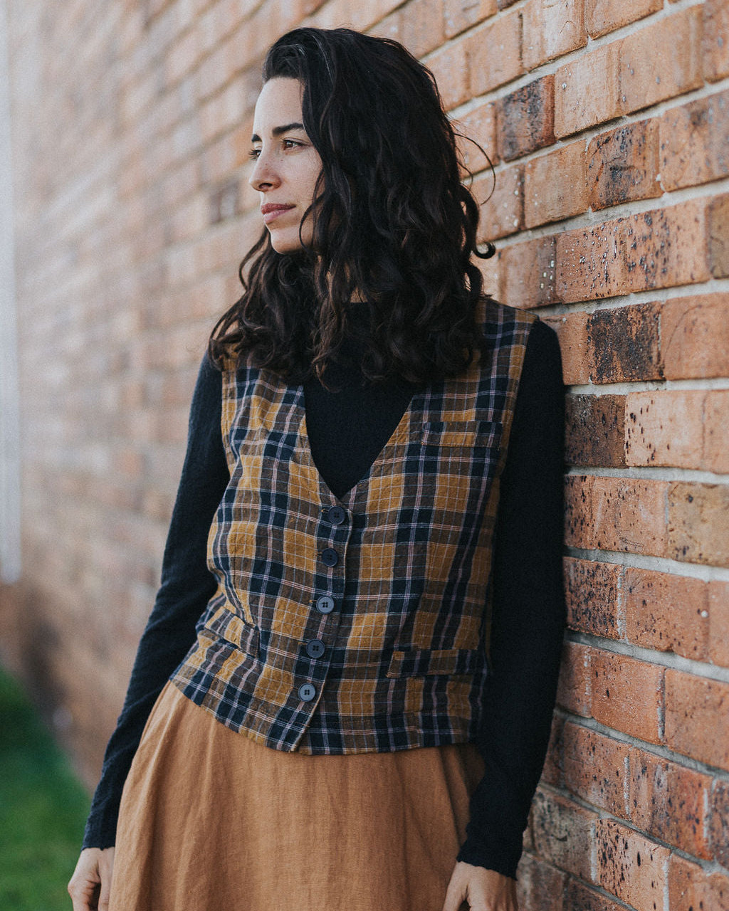Chloe French Linen Vest / Waist Coat in Blue Tweed Check