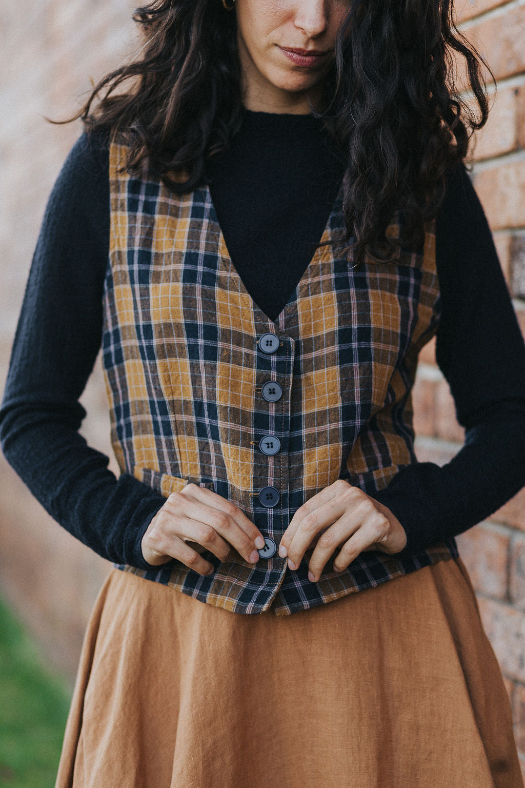 Chloe French Linen Vest / Waist Coat in Blue Tweed Check