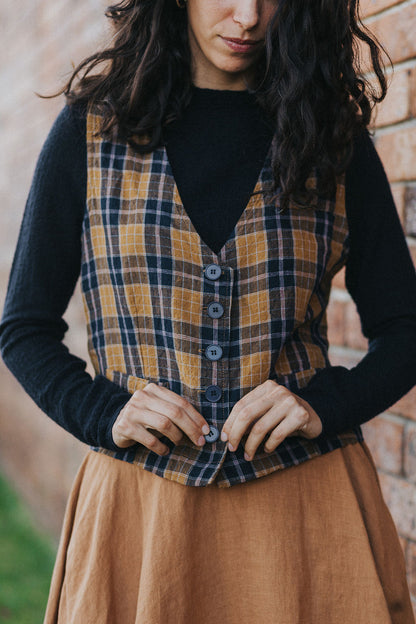Chloe French Linen Vest / Waist Coat in Blue Tweed Check