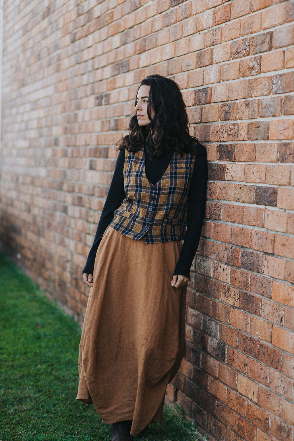 Chloe French Linen Vest / Waist Coat in Blue Tweed Check