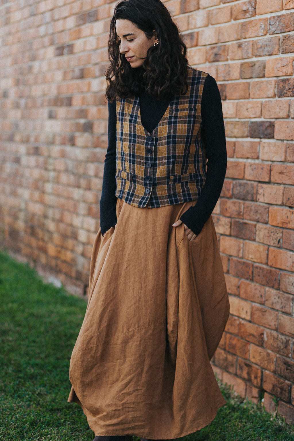 Chloe French Linen Vest / Waist Coat in Blue Tweed Check