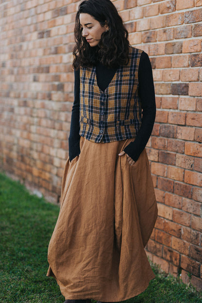 Chloe French Linen Vest / Waist Coat in Blue Tweed Check